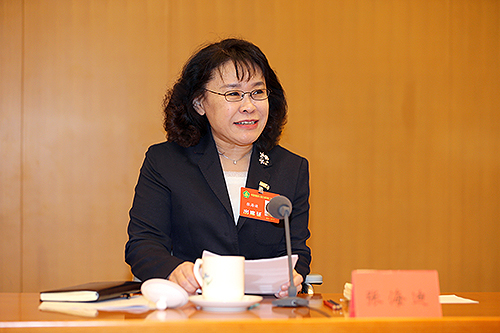 圖為中國(guó)殘聯(lián)主席張海迪出席會(huì)議并講話